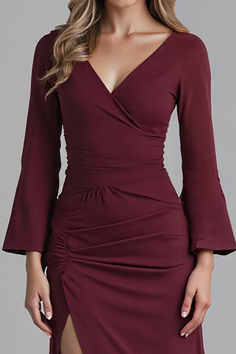 Load image into Gallery viewer, Dark Red V Neck Satin Mermaid Evening Dress with Slit