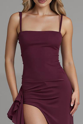 Dark Red Spaghetti Straps Sheath Satin Evening Dress with Slit