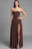 Load image into Gallery viewer, Coffee Strapless A Line Cotton Ruched Evening Dress with Slit