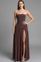 Load image into Gallery viewer, Coffee Strapless A Line Cotton Ruched Evening Dress with Slit