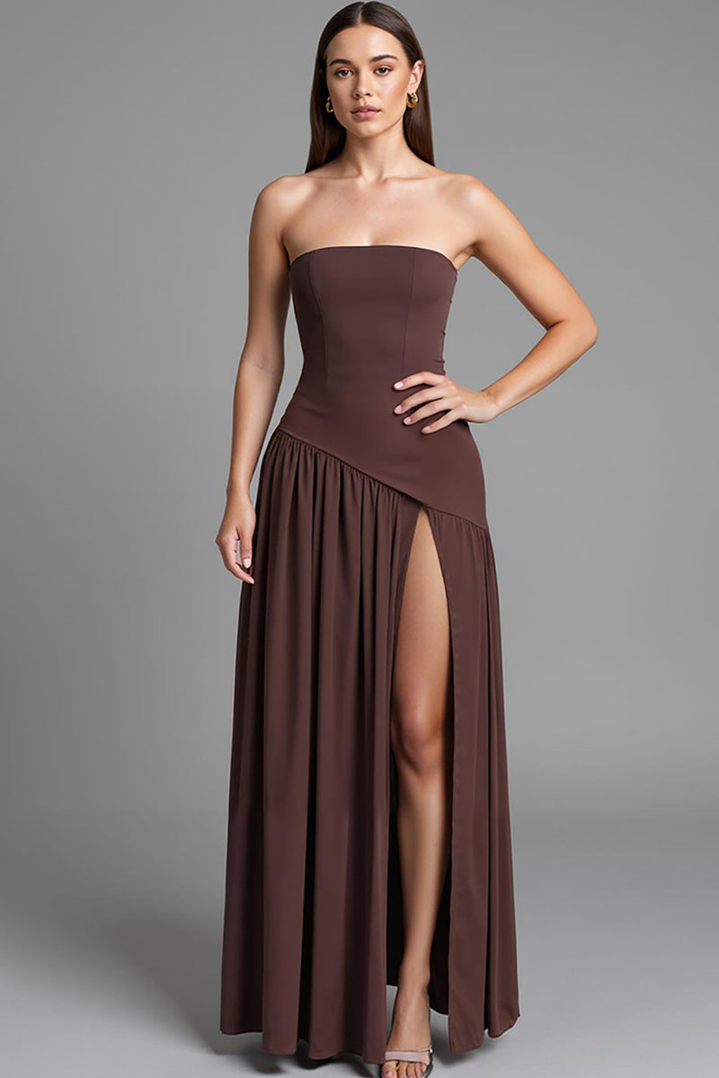 Load image into Gallery viewer, Coffee Strapless A Line Cotton Ruched Evening Dress with Slit