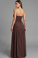 Load image into Gallery viewer, Coffee Strapless A Line Cotton Ruched Evening Dress with Slit