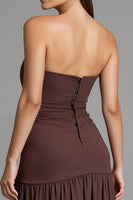 Load image into Gallery viewer, Coffee Strapless A Line Cotton Ruched Evening Dress with Slit