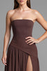 Load image into Gallery viewer, Coffee Strapless A Line Cotton Ruched Evening Dress with Slit