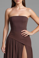 Load image into Gallery viewer, Coffee Strapless A Line Cotton Ruched Evening Dress with Slit