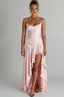 Load image into Gallery viewer, Ruffled High-Low Spaghetti Straps Light Pink Chiffon Evening Dress