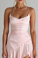 Load image into Gallery viewer, Ruffled High-Low Spaghetti Straps Light Pink Chiffon Evening Dress