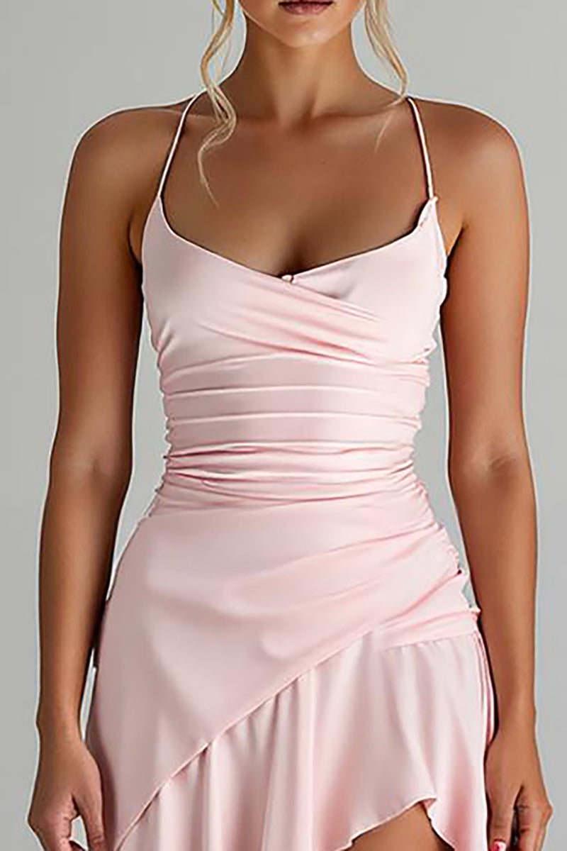 Load image into Gallery viewer, Ruffled High-Low Spaghetti Straps Light Pink Chiffon Evening Dress