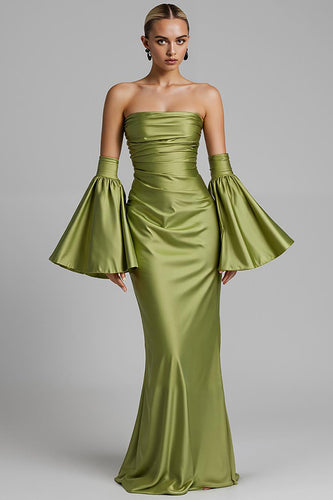 Turquoise Puff Sleeve Ruched Strapless Mermaid Evening Dress