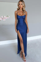 Load image into Gallery viewer, Spaghetti Straps Sheath Royal Blue Satin Evening Dress with Slit