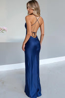 Load image into Gallery viewer, Spaghetti Straps Sheath Royal Blue Satin Evening Dress with Slit