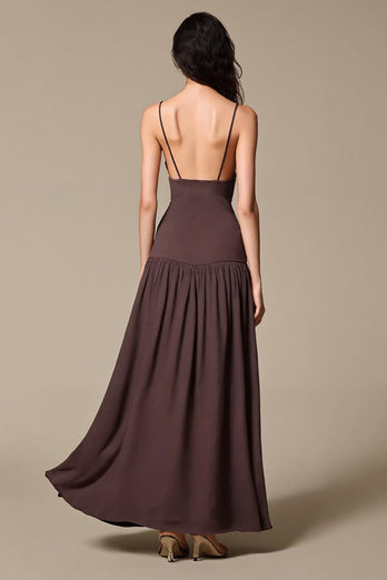 Coffee Chiffon A Line Spaghetti Straps Long Evening Dress