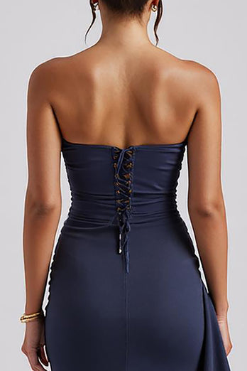 Simple Strapless Sheath Dark Blue Evening Dress with Slit