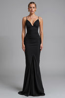 Load image into Gallery viewer, Spaghetti Straps Black Strecth Satin Mermaid Ruched Evening Dress