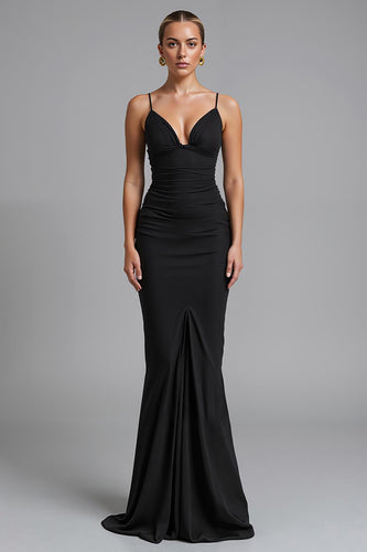 Spaghetti Straps Black Strecth Satin Mermaid Ruched Evening Dress
