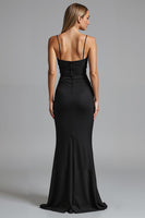 Load image into Gallery viewer, Spaghetti Straps Black Strecth Satin Mermaid Ruched Evening Dress