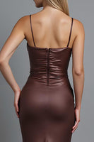 Load image into Gallery viewer, Coffee Satin Ruched Mermaid Spaghetti Straps Long Evening Dress