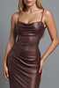 Load image into Gallery viewer, Coffee Satin Ruched Mermaid Spaghetti Straps Long Evening Dress