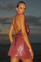 Load image into Gallery viewer, Simple Hot Pink Halter Sequins Short Cocktail Dress