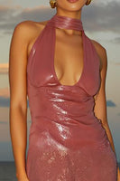 Load image into Gallery viewer, Simple Hot Pink Halter Sequins Short Cocktail Dress