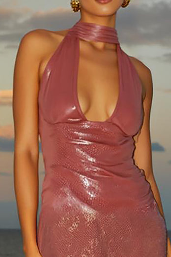 Simple Hot Pink Halter Sequins Short Cocktail Dress