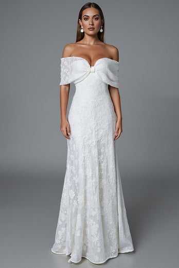 Ivory Mermaid Off The Shoulder Evening Dress With Lace