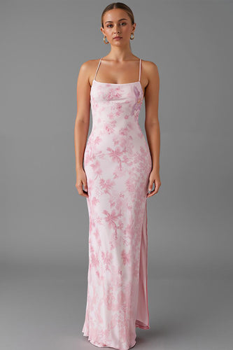 Light Pink Sheath Printed Evening Dress With Slit