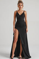 Load image into Gallery viewer, Black Sheath Spaghetti Straps Evening Dress With Slit