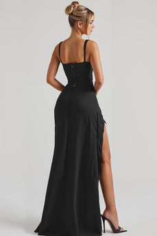 Black Sheath Spaghetti Straps Evening Dress With Slit
