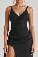 Load image into Gallery viewer, Black Sheath Spaghetti Straps Evening Dress With Slit