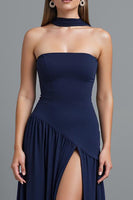 Load image into Gallery viewer, Dark Blue Strapless Sheath Evening Dress With Slit