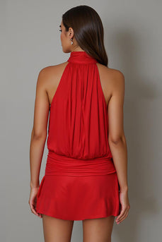 High Neck A-Line Red Pleated Cocktail Dress