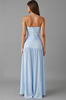 Strapless A-Line Sky Blue Evening Dress With Slit
