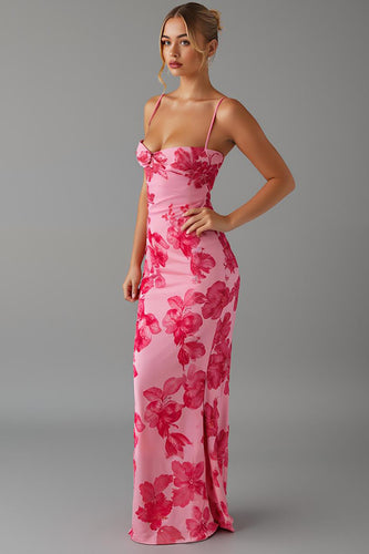 Mermaid Printed Pink Evening Dress With Slit
