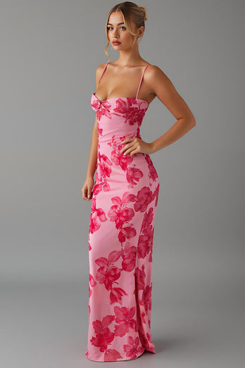 Mermaid Printed Pink Evening Dress With Slit