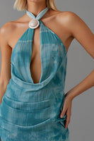 Load image into Gallery viewer, Peacock Green Sheath Halter Keyhole Short Evening Dress