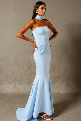 Sky Blue Mermaid Strapless Evening Dress With Sash