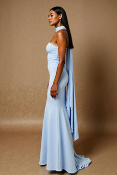 Sky Blue Mermaid Strapless Evening Dress With Sash