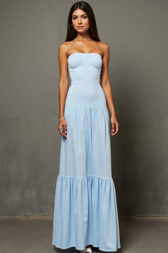 Strapless A-Line Sky Blue Long Evening Dress With Slit