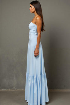 Strapless A-Line Sky Blue Long Evening Dress With Slit