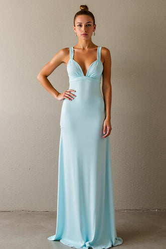 Simple Sky Blue Sheath Long Evening Dress