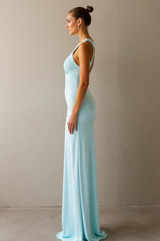 Simple Sky Blue Sheath Long Evening Dress