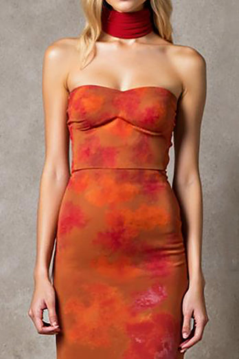 Sheath Cabernet Strapless Printed Maxi Evening Dress With Sash