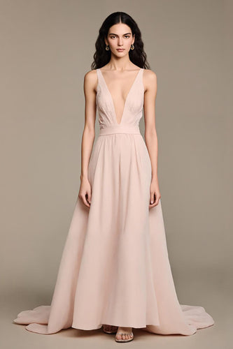 V-Neck A-Line Light Pink Long Formal Dress With Slit