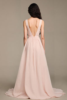 V-Neck A-Line Light Pink Long Formal Dress With Slit