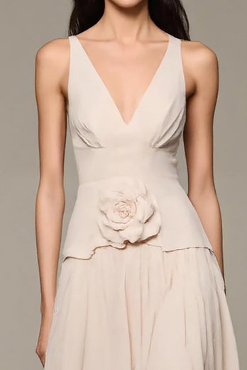 Apricot A-Line V-Neck Long Evening Dress With 3D Flowers