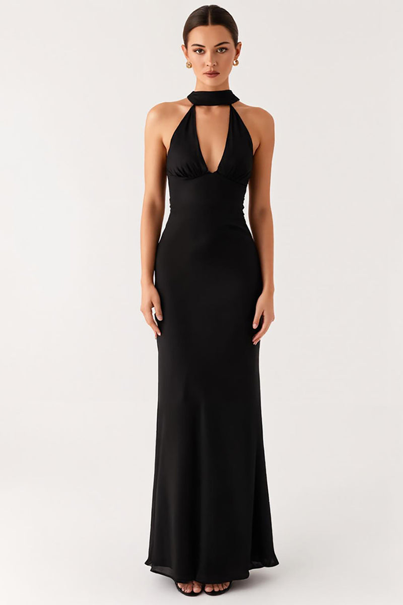 Load image into Gallery viewer, Sheath Halter Black Long Black Tie Dress