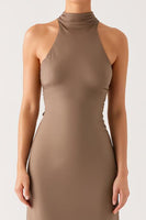 Load image into Gallery viewer, Terracotta Sheath High Neck Evening Dress