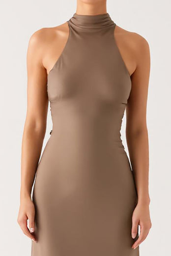 Terracotta Sheath High Neck Evening Dress