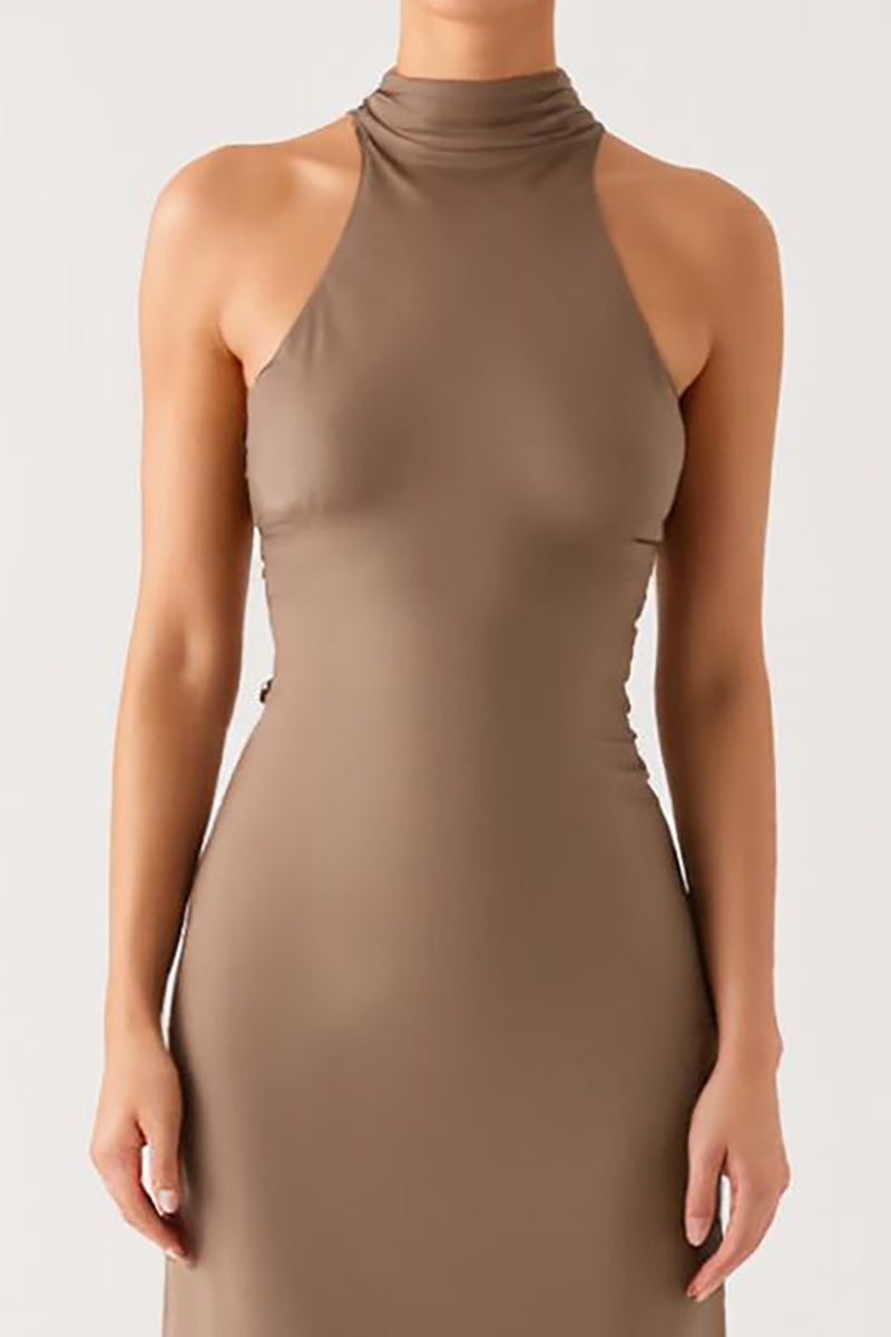 Load image into Gallery viewer, Terracotta Sheath High Neck Evening Dress